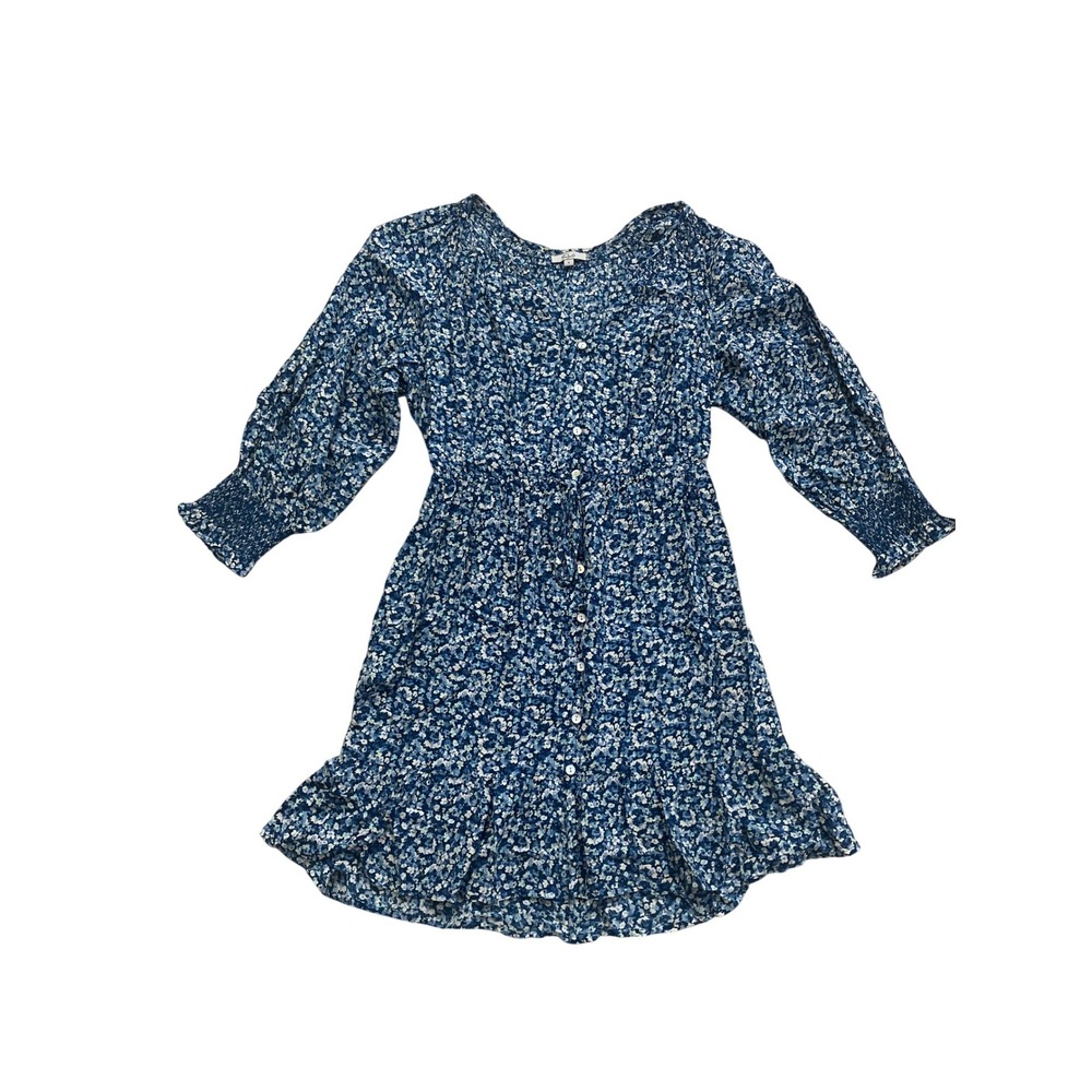 Rails Blue Floral Button Front Mini Dress Smocked Sleeve‎ Drawstring Waist Small